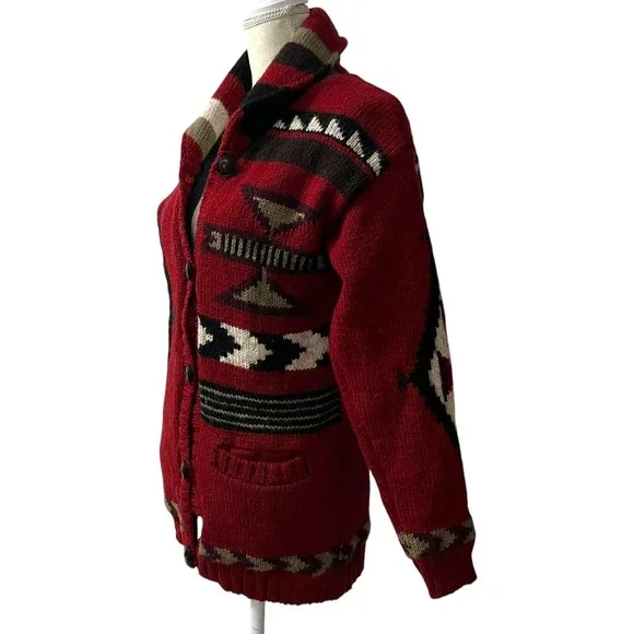 Lost Horizons Hand Knit Wool Fleece Lined Southwestern Shawl Collar Cardigan S - Picture 5 of 6